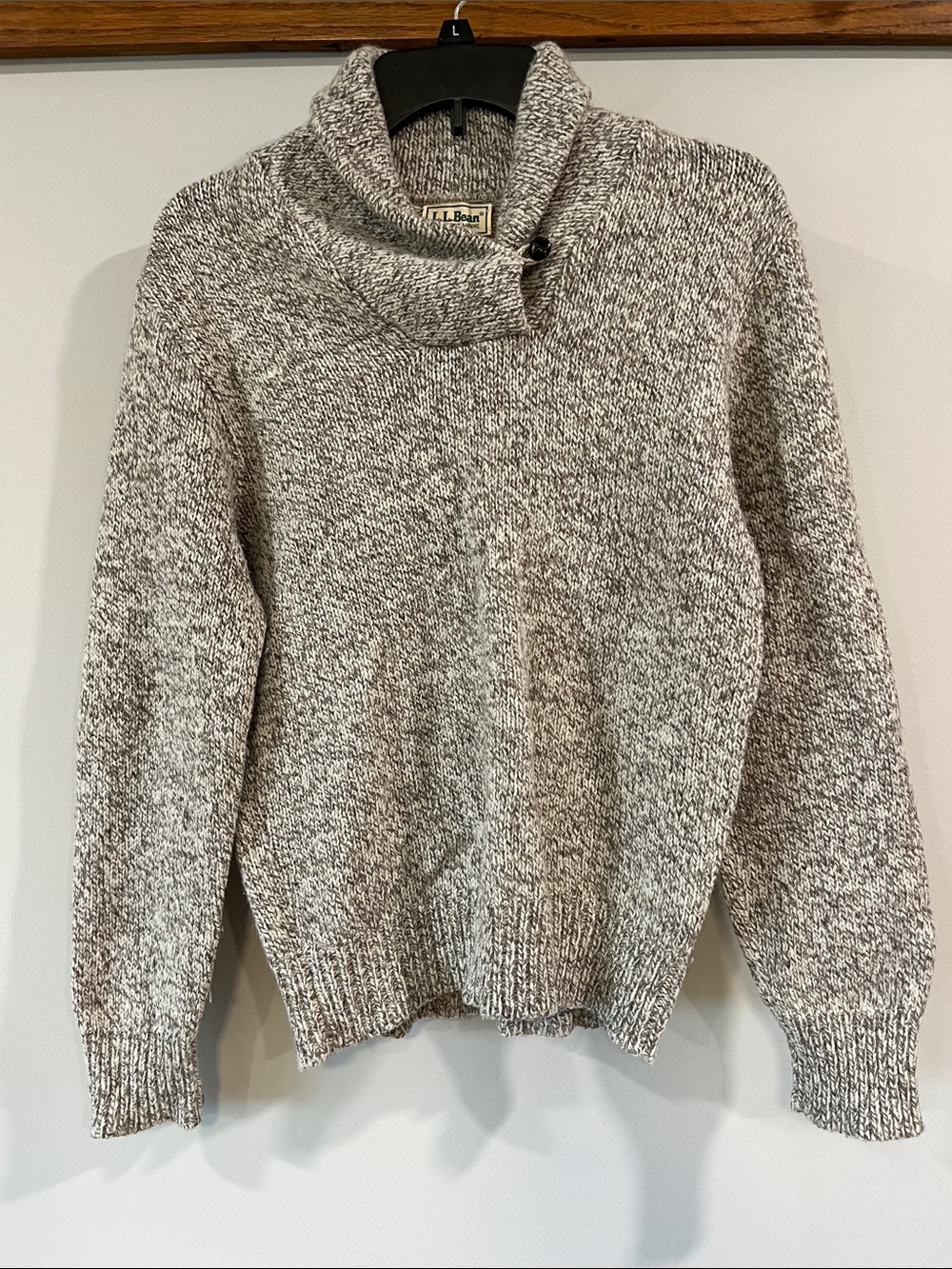 L.L. Bean - s/m, Marled Cream/Olive, Brown Shawl Collar Button Sweater, wool